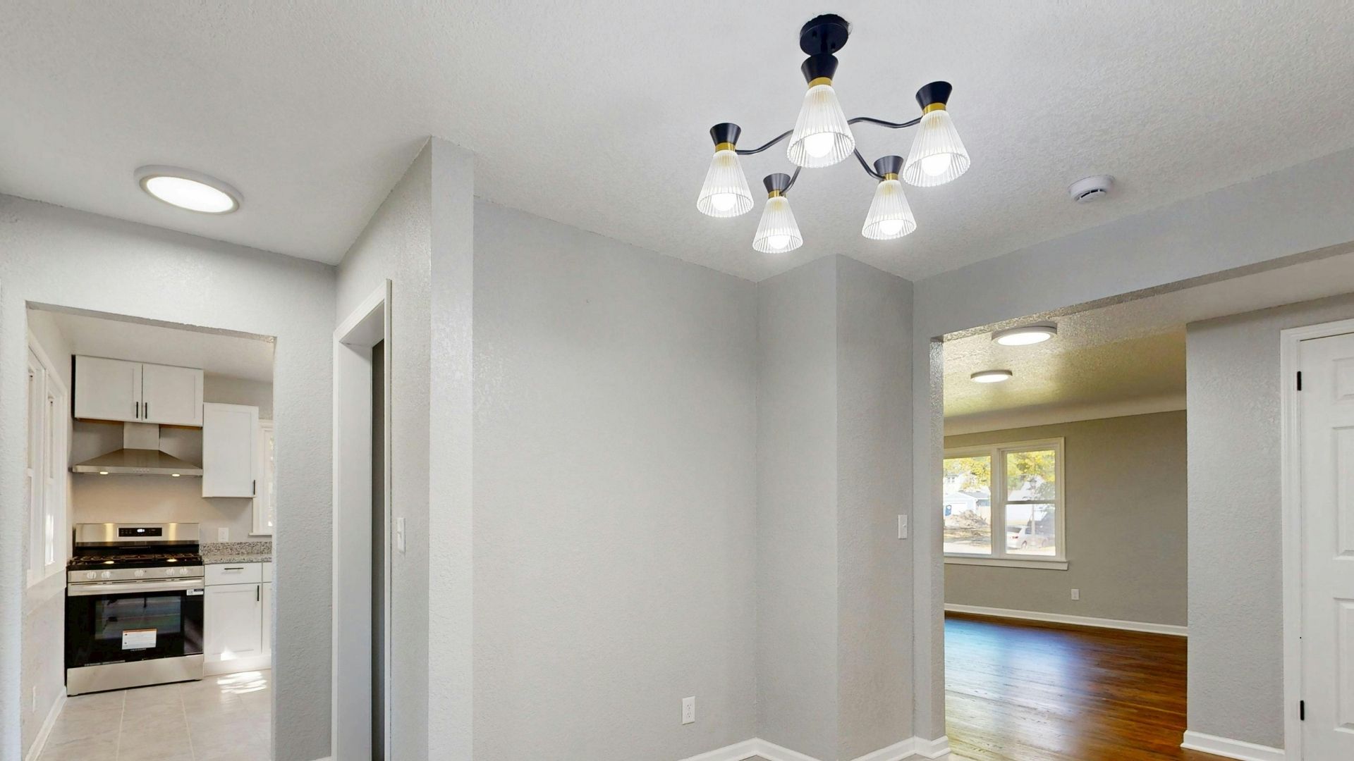Pendant lights over a dining room