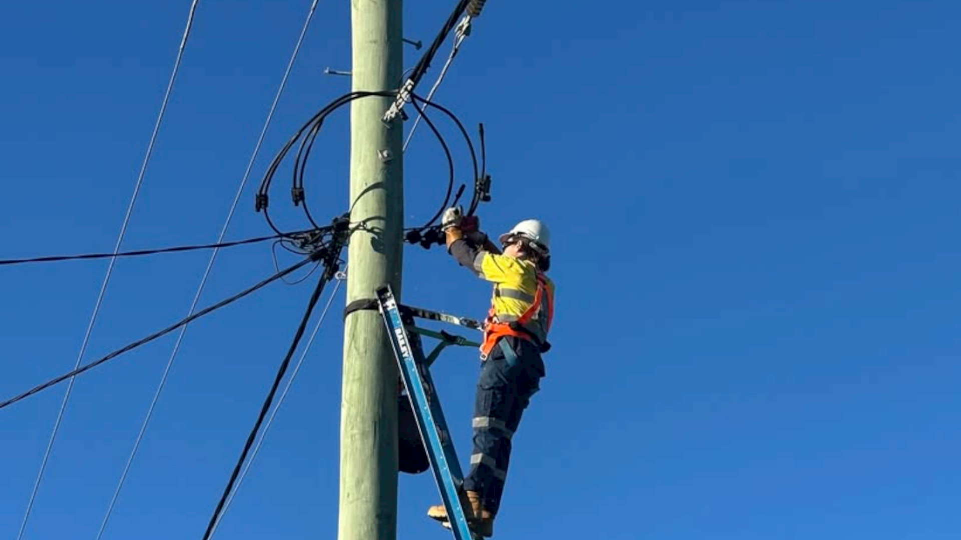 Electrician working on power pole